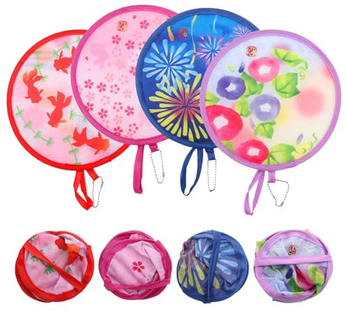 SMCEHEYA Foldable Fan 4Pcs Handheld Fan Folding Round Manual Fan Chinese Japanese Hand Fans for Women Folding Small Fan MorningGlory Cherry Blossom Goldfish Sparkfire for Party Wedding Cooling Outdoor