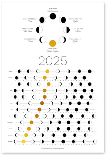 Mondphasenkalender 2025 (flach versandt) – hängbares goldenes Mond-Wandposter – ideal als einzigartiges Geschenk, Mondverfolgung, Wanddekoration & Kunst, Astrologie-Dekorationen – ein himmlischer