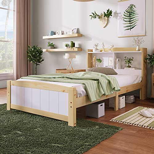 Jtyca Single Bed Frame, 3FT-90x190CM Solid Wooden Bed Frames with Storage Headboard, (No Mattress)
