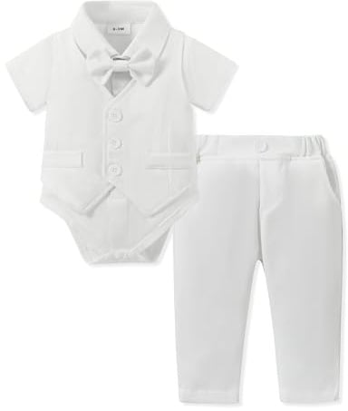 Amissz Ensemble de Baptême pour Bébé Garçon, Robe de Baptême pour Nouveau-né Body de Mariage 3 Pièces Body + Nœud Papillon + Gilet + Pantalon Blanc 0-18 Mois