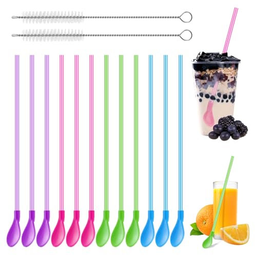 12 Stück Trinkhalme Löffel,2 in 1 Löffel-Strohhalme,Wiederverwendbare Plastik Strohhalme Löffel mit 2 Reinigungsbürsten,Latte Macchiato Löffel,Löffelstrohhalme Für Latte Milchshakes Cocktail