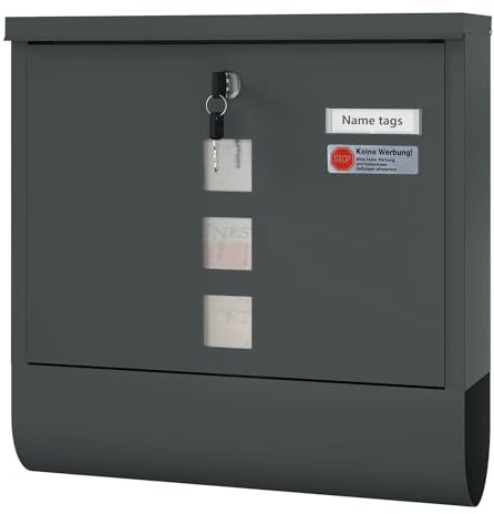WOLTU Briefkasten mit Zeitungsfach Sichtfenstern, Postkasten mit Namensschild personalisiert, Wandbriefkasten abschließbar, inkl. 2 Schlüssel, modern, Anthrazit, 37x37x10,5 cm