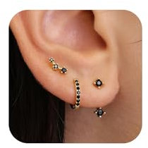 Auiremrti 3 Paar Silber 925 Damen Ohrringe Set-Hypoallergene 14 Karätigem Vergoldet Ohrringe,Silber 925 Set,Mit Schwarzer Zirkon,-Perfekt Für Mehrere Ohrlöcher