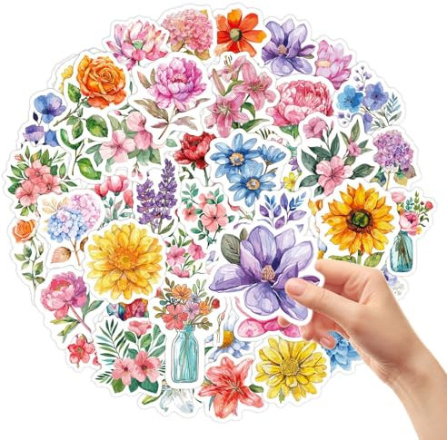 Anseom 50 Pack Transparent Floral Stickers– Waterproof Vinyl Decals for Kids, Teens & Adults Aesthetic Flower Stickers for Scrapbooking, Water Bottles, Cups, Mugs, Travel Gear