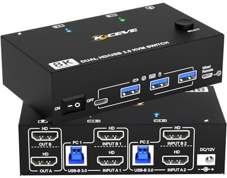 USBC Dual Monitores KVM Switch 4K@60Hz, USBC KVM Switch 2 Laptops 2 Monitores und 4 USB3.0 Geräte, 100W PD für 2 Laptops mit Wire Remote und USB Kabel