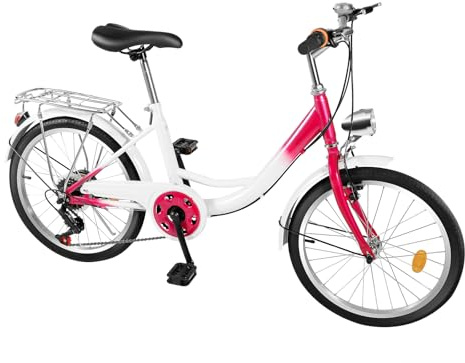 JJsdwin Vélo 20 pouces pour fille, vélo à 6 vitesses avec freins doubles avant et arrière, vélos d’extérieur pour étudiants et passionnés de vélo etc. (Rose + Blanc)