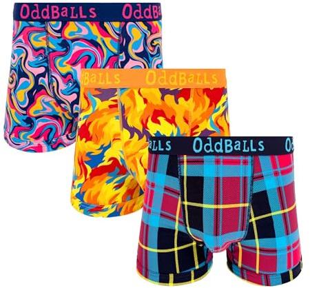 OddBalls Mens Boxers Multipack – 3 Classic Fit Cotton Boxer Shorts, Underwear with Elastic Waistband – Breathable, Soft Mens Boxer Briefs (UK, Alpha, XXL, Regular, Regular, The Fiery Trio)