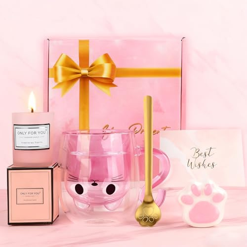 TOSZOLY Geschenke für Frauen, 290ml Katzen Tasse, Geburtstagsgeschenk für Frauen, Valentinstagsgeschenk, Doppelwandige Gläser, Personalisierte Geschenk für Freundin Katzenliebhaber Karneval (Rosa)