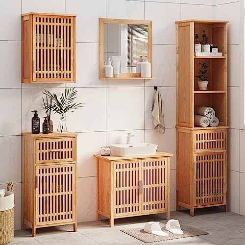 Qnhdfrt 5 TLG Badmöbel Set aus massivem Nussbaum 182 cm Hochschrank Badezimmerschrank mit Spiegel viel Stauraum platzsparend modern für Badezimmer Gäste WC