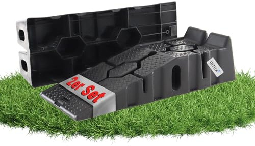Bituxx Set PKW Auffahrbock Auffahrrampe Laderampe Rampe Auto Kunststoff PP mit Überrollschutz 90x33x22 cm 2,5 T