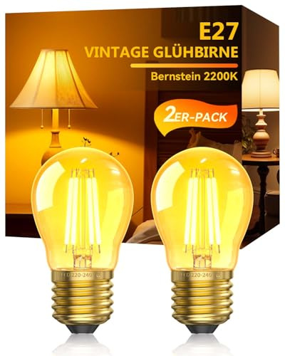 2.5W E27 Vintage LED Edison Light Bulb Warm White 2200K,G45 Golf Ball Screw-in Light Bulb,Amber Glass & Golden Large Screw Base for Bedside Lamp,Porch & Reading,Equivalent to 20W,Non-Dimmable, 2-Pack