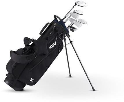 KVV Junior Golf Clubs Set Ages 9-12, Complete Kids Golf Set with Lightweight Stand Bag, Driver, Fairway, Hybrid, Irons, Wedge & Putter Right Handed for Girls & Boys (Black, Ages 9-12)