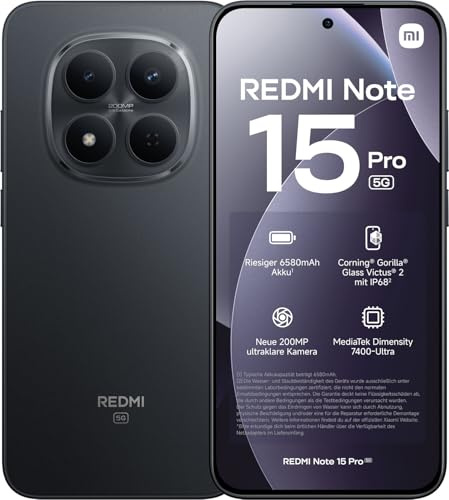 XIAOMI Smartphone Redmi Note 15 Pro 5G NFC, 12 + 512 GB, Negro, IP68, Pantalla AMOLED, Android 15, cámara 200 MP, 120 Hz, batería 6580 mAh