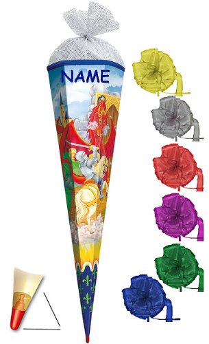 Schultüte - Ritter und Drache - 22 cm - incl. Namen und Schleife mit Tüllabschluß - Zuckertüte Roth - Ritterburg Pferd Reiter Drachen