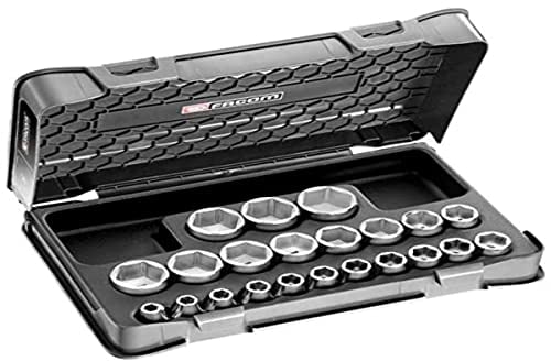 FACOM - Coffret Douilles 1/2 6 Pans Métriques - S.401B - Outillage Complet 22 Pièces - Inclus 22 Douilles, 1 Planche de Pictogrammes, 1 Coffret Vide et 1 Plateau Thermoformé - Outils Robustes