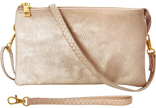 Humble Chic NY Veganes Leder Kleine Umhängetasche Tasche Oder Wristlet Unterarmtasche Handtasche, Inklusive Einstellbarer Schulter- Und Handgelenkbänder, Champagne Gold, Metallic