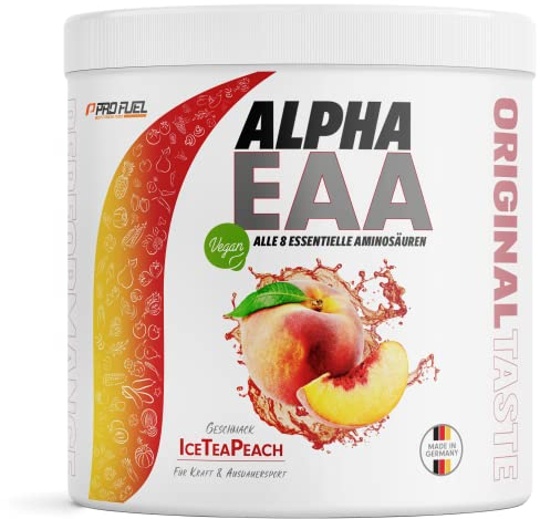 Alpha EAA Pulver 462g ICE TEA PEACH - unglaublich leckeres EAA Drink Pulver, alle 8 essentiellen Aminosäuren, vegan EAAs Aminosäuren/Amino Workout Drink, optimale Wertigkeit, Made in Germany