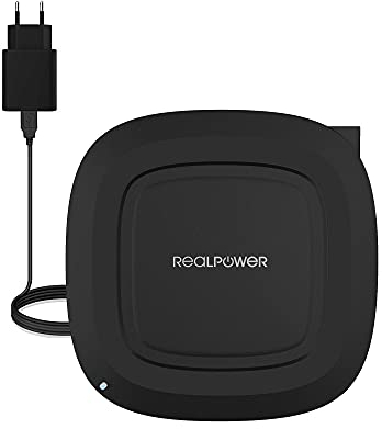 RealPower FreeCharge 10 Wireless Charger Ladepad, Kabelloses 10W QI Ladegerät, Kompatibel mit iPhone 11/Pro/XS/MAX, 10 W Schnellladungen. Samsung Galaxy S10/S9+/S8+ und AirPods Pro- inklusive Netzteil
