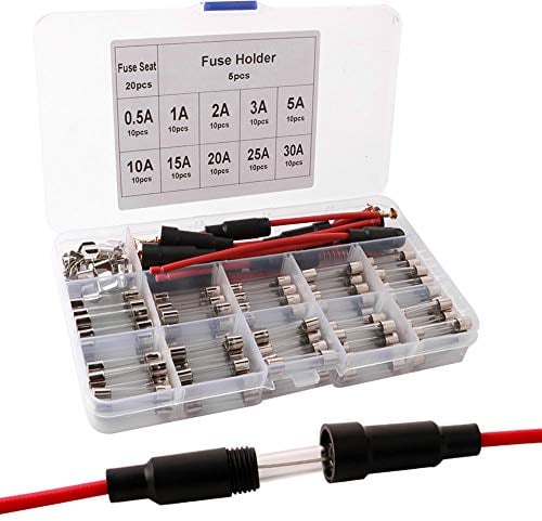 FULARR® 125Pcs 6X30mm Profesional Coche Vidrio Tubo Fusible Kit: 100Pcs Rapido Soplo Vidrio Fusible + 20Pcs Fusible Clip + 5Pcs Tornillo Tipo Portafusible, con Transparente Plástico Caja