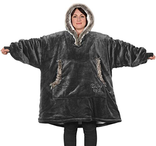 Snug Rug Eskimo Decke mit Ärmel Pullover Decken-Kapuzenpullover Übergroße Sweatshirt Hoodie Kuscheldecke mit Ärmeln Kapuze hochwertiges Sherpa-Fleece für Herren und Damen Einheitsgröße Grau