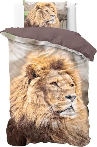 Sleeptime Bettwäsche 2teilig 135cm x 200cm 2teilig braun - Lion - weich & bügelfrei Bettbezüge mit Reißverschluss - Bettwäsche Set mit 1 Kissenbezüge 80cm x 80cm