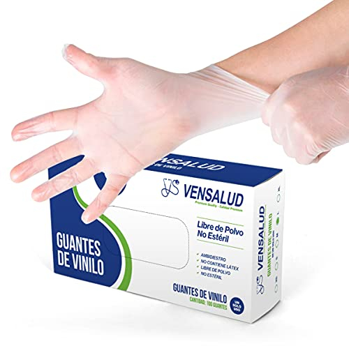 VENSALUD | Gants jetables en VINYLE | Sans poussière | Résistant | Pour laboratoires, sanitaires, cuisine, studios de tatouage, vétérinaire, nettoyage | Sans latex | 100 pcs. | Semi-blanc | Taille L