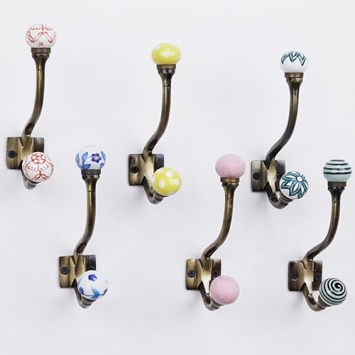 IndianShelf 6 Piece Ceramic Heavy Duty Double Coat Hooks Wall Mount for Hat