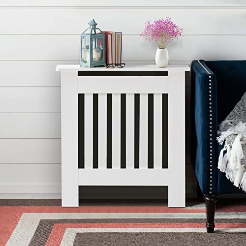 LEMROE White Radiator Cover with Wood Top Vertical Slat Painted MDF 4 Sizes for Living Room (S)