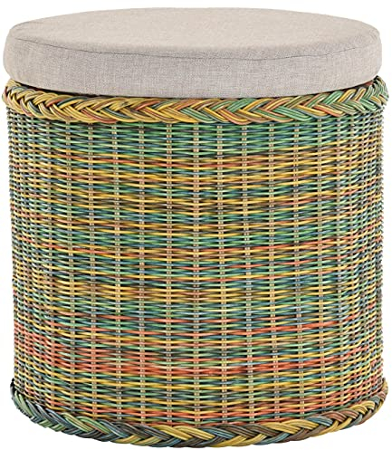 Rattan Wäschekorb Wäschetruhe Sitz gepolstert Honig, Flur-Bank Aufbewahrungsbox mit Deckel Bad-Hocker Sitzhocker Wäschesammler Sitz-Truhe Natur (Bunt, Rund)