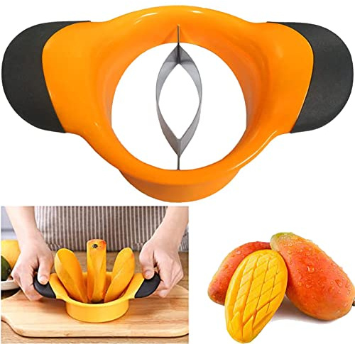 3-in-1 Mango Slicer/Peeler/Cutter/Splitter/Pitter with Stainless Steel Blade Pit Remover Tool Non Slip Handles Extra Large Mango Cutter Divider (Orange)