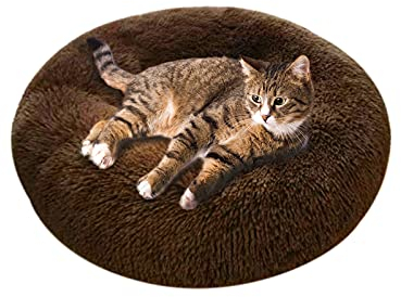 Andiker Plüsch-Katzen-Donut-Bett, weiche Bequeme Katzenbetten für Indoor-Katzen, rundes Kissen-Sofa beruhigendes Katzenkissen Anti-Rutsch für Katzenkätzchen-Welpen (Braun)