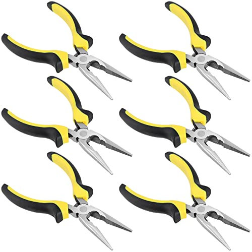 MUKCHAP 6 Pack 6 Inch Needle Nose Pliers, Spring Loaded Needle Nose Pliers with Wire Cutter, Plastic Handle Needle Nose Pliers with Strippers for Cutter and Bending Wire, Black Yellow