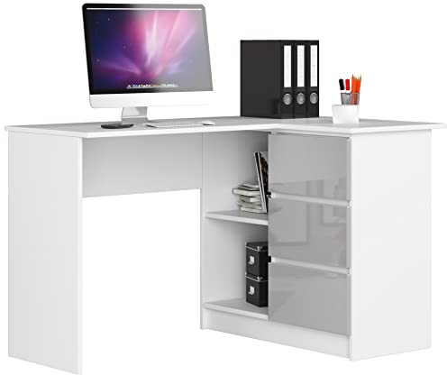 AKORD Eckschreibtisch B16 mit Regal 124 cm | 3 Schubladen Links | Schreibtisch | Ecktisch | Eck Schreibtisch | für Home | für Office | B124 x H77 x T85 cm | 42,50 kg | Weiß/Metallisch Hochglanz