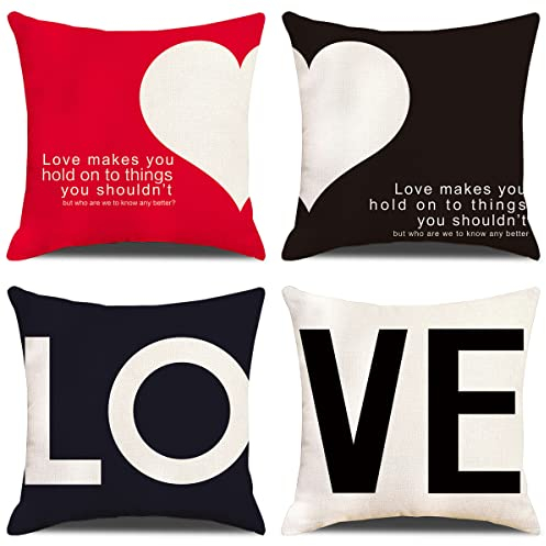 ZHAOMIMI 4er Set Dekorativ Kissenhülle Baumwolle Leinen Kissenbezug Dekokissen Sofakissen für Couch, Auto, Schlafzimmer 45x45 cm (Paar Liebe)