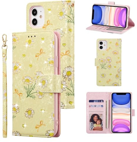 UEEBAI Wallet Case for iPhone 12/iPhone 12 Pro 6.1 inch, PU Leather Phone Case Kickstand RFID Blocking Flip Case Card Slots Wrist Strap Relief Engraved Pattern Magnetic Closure Folio Case-Yellow Daisy