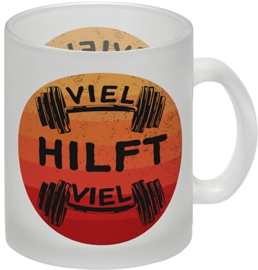 Viel hilft viel Fitness Glas Tasse für Sportler Kaffeetasse für Pumper mit Hantel und Trainingsspruch Glas Tasse Die perfekte Kaffeetasse für Sportler. Wenn du nach einer Tasse