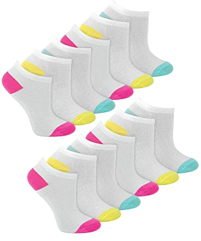 12 Pair Multipack Girls Low Cut Trainer Socks in White | Kids No Show Athletic Running Socks with Contrast Heel & Toe