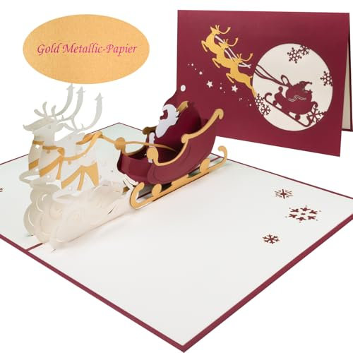Sweetpopup® Pop-Up Karte Weihnachten – 3D Weihnachtsmann im Schlitten & Rentier – Elegante Weihnachtskarte mit Gold-Metallic-Papier Deko – Geschenk- & Gutscheinkarte für Advent, Nikolaus – N006Z
