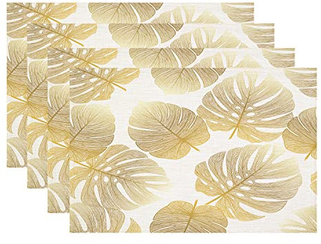 Batmerry Gold Tropical Palm Leaf Placemats,Nature Washable Linen Table Mats for Kitchen Table Double Insulation Decor Dining Set Indoor Outdoor 12X18 in Set of 4