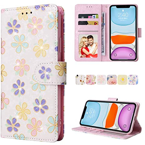 UEEBAI Wallet Case for iPhone 11 Pro Max 6.5 inch, PU Leather Phone Case Kickstand RFID Blocking Flip Case with Card Slots Wrist Strap Relief Engraved Pattern Magnetic Closure Folio Case - White Daisy