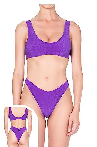 F**K Bikini Donna 1107 Viola Top con Spalline Slip Fisso Lycra groffata PE23 S