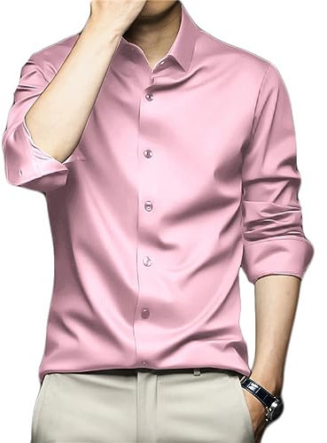 Générique Chemise Extensible Infroissable à Manches Longues Boutonnée pour Homme Chemise à Rayures Décontractée Mode Chemise Col Mao Soie Satin Repassage Facile Casual Business Mariage (Rose,6XL,6XL)