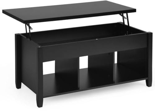 Multigot Lift Top Coffee Table, Rectangular Wooden Cocktail Center Table with Hidden Compartment & 3 Open Storage Shelves, Multifunctional Sofa Side Table for Living Room Bedroom Office (Black)