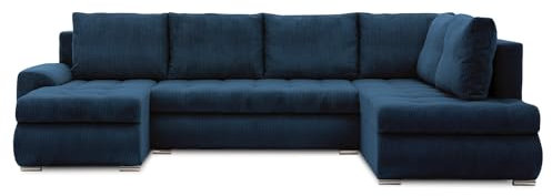 Mebligo - Ecksofa mit Schlaffunktion und Bettkasten Tokio II PRO, 300 cm Breit, Wohnzimmer Eckcouch Ottomane Rechts, Sofa Cord mit Bettfunktion - Sofa Dunkelblau (Poso 005)
