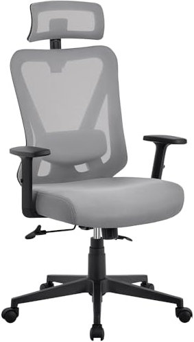 Yaheetech Poltrona/Sedia Ufficio Scrivania Ergonomica Lombare Schienale Reclinabile Bloccabile tra 90° e 130° a Rete Traspirante Braccioli Poggiatesta Regolabili a Ruote Girevole Grigia Chiara