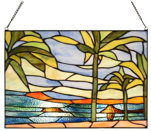 HomeBeauty PA0006 Stained Glass Window Panel-14 Wx9.5 H Window Suncatcher Tiffany Style Ornament,Tropical Palm Trees Home Hanging Decorations