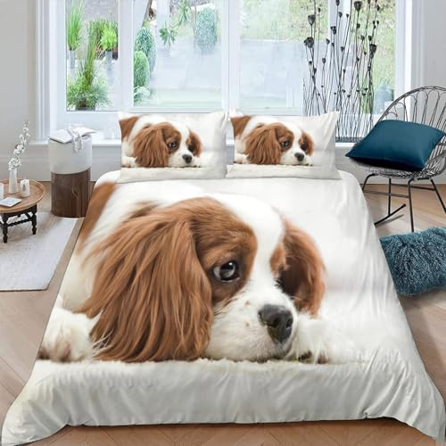 DILANI Bettwäsche 155x220 Hund 3D Bettwäsche-Set 3 Teilig Niedlicher Cavalier King Charles Spaniel Weiche Microfaser Bettbezug mit Reißverschluss und Kissenbezug 80x80cm für Mädchen Jungen Kinder