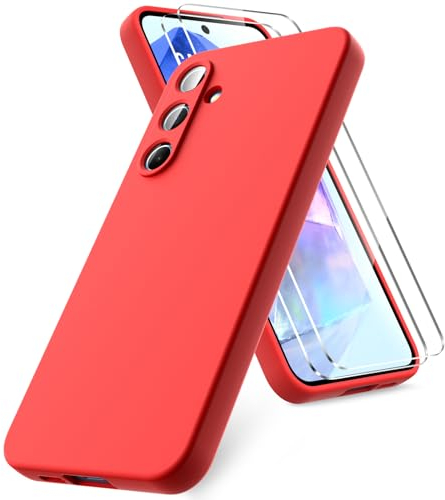 Vansdon Coque Compatible avec Samsung Galaxy A55 5G, 2 Film de Protection en Verre trempé, Housse Souple en TPU en Silicone Liquide, Housse en Caoutchouc Antichoc - Rouge