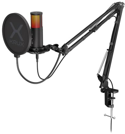 KRUX Edis 3000, USB Plug&Play Mikrofon, RGB Hintergrundbeleuchtung, Gain Regler, Mikrofonarm im Lieferumfang enthalten, Stummschalttaste, 3,5-mm-Miniklinken-Kopfhörerausgang | KRXC010