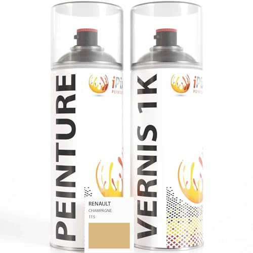 ipixline Kit Retouche Peinture Carrosserie Voiture - Bombe Aérosol Peinture Auto 400 ml, Vernis Brillant 1k 400 ml - Compatible avec Renault - Champagne 115